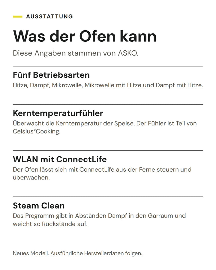 ASKO Kombisteamer mit Mikrowelle OCSMP 86 BGH: Fünf Betriebsarten, Kerntemperaturfühler, WLAN mit ConnectLife, Steam Clean
