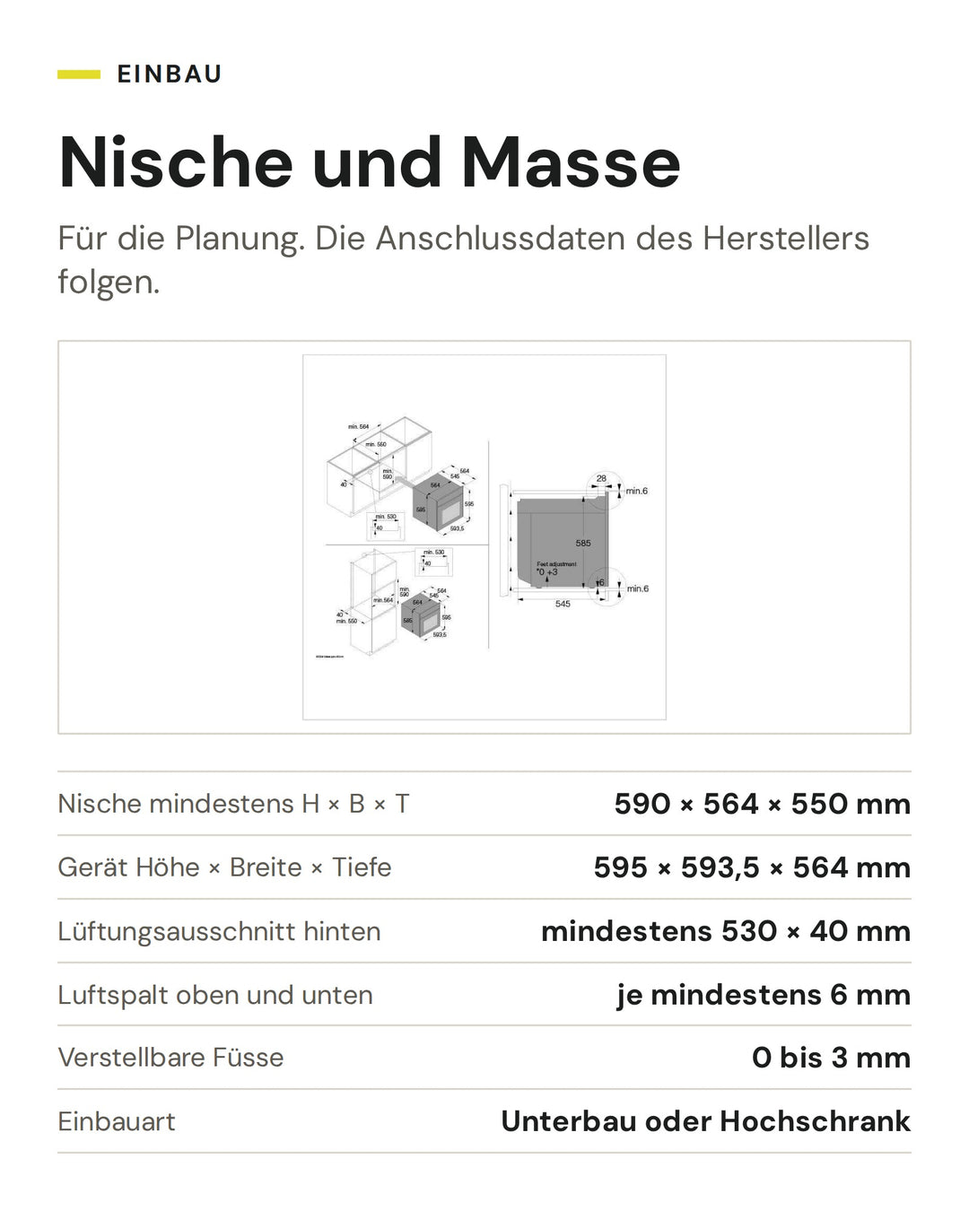 Nische und Masse ASKO Kombisteamer mit Mikrowelle OCSMP 86 BGH: Nische mindestens H × B × T 590 × 564 × 550 mm, Gerät Höhe × Breite × Tiefe 595 × 593,5 × 564 mm, Lüftungsausschnitt hinten mindestens 530 × 40 mm, Luftspalt oben und unten je mindestens 6 mm, Verstellbare Füsse 0 bis 3 mm, Einbauart Unterbau oder Hochschrank