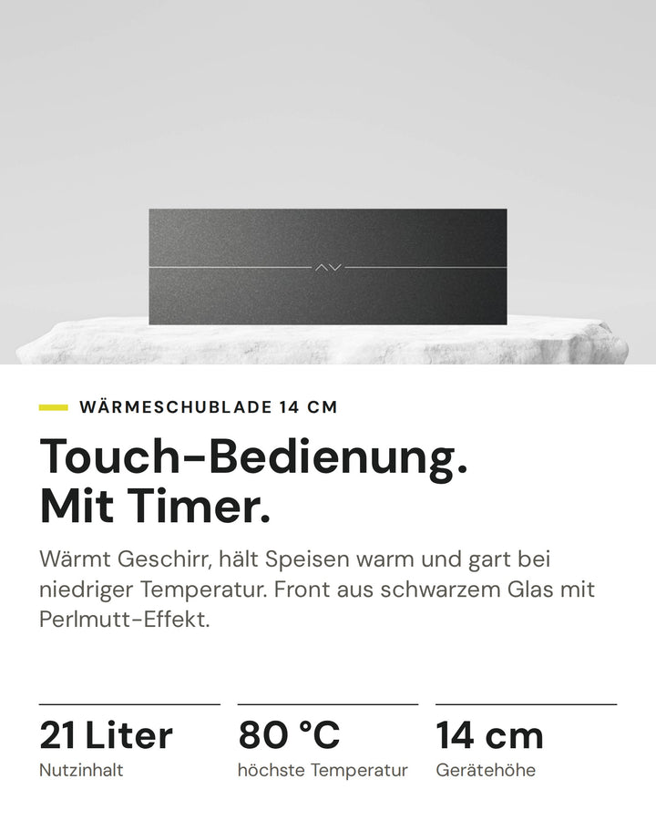 ASKO Wärmeschublade ODW 81 BG auf einen Blick: Nutzinhalt 21 Liter, höchste Temperatur 80 °C, Gerätehöhe 14 cm