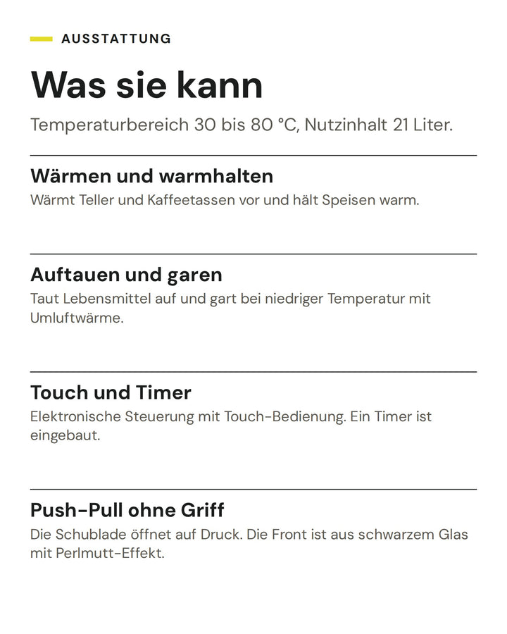 ASKO Wärmeschublade ODW 81 BG: Wärmen und warmhalten, Auftauen und garen, Touch und Timer, Push-Pull ohne Griff