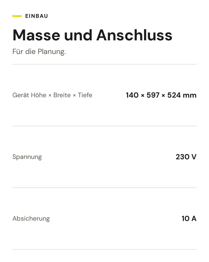 Masse und Anschluss ASKO Wärmeschublade ODW 81 BG: Gerät Höhe × Breite × Tiefe 140 × 597 × 524 mm, Spannung 230 V, Absicherung 10 A