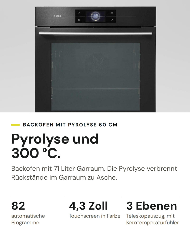 ASKO Backofen OP8678G auf einen Blick: 82 automatische Programme, 4,3 Zoll Touchscreen in Farbe, 3 Ebenen Teleskopauszug, mit Kerntemperaturfühler