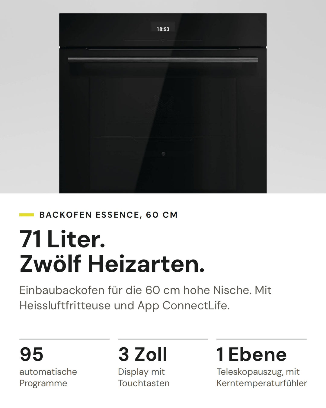 ASKO Backofen OT 26 BGH auf einen Blick: 95 automatische Programme, 3 Zoll Display mit Touchtasten, 1 Ebene Teleskopauszug, mit Kerntemperaturfühler