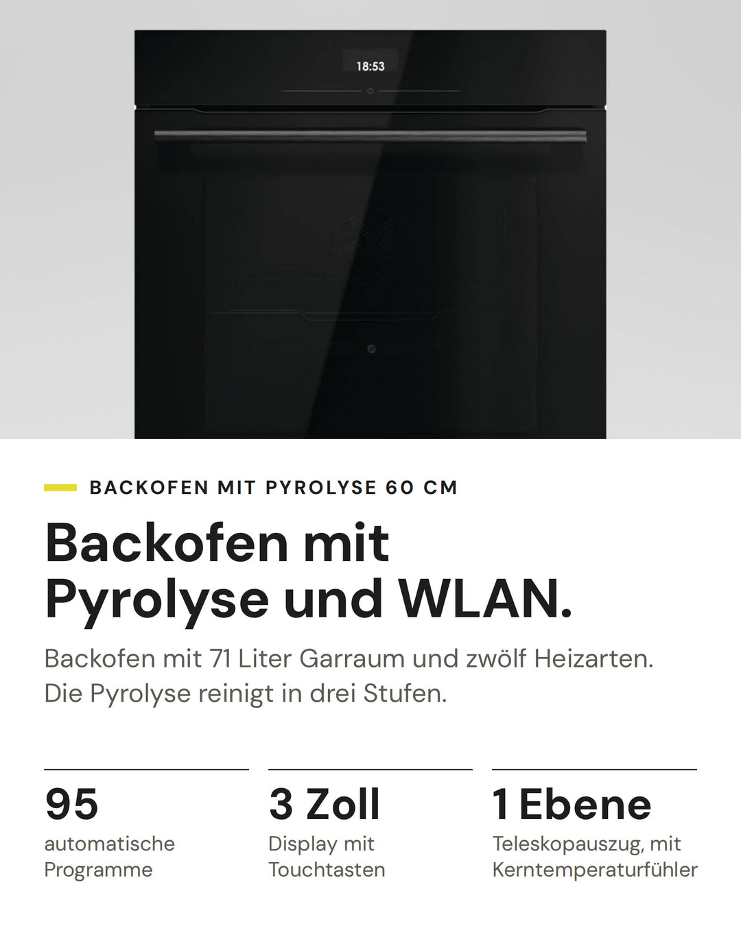 ASKO Backofen OTP 26 BGH auf einen Blick: 95 automatische Programme, 3 Zoll Display mit Touchtasten, 1 Ebene Teleskopauszug, mit Kerntemperaturfühler