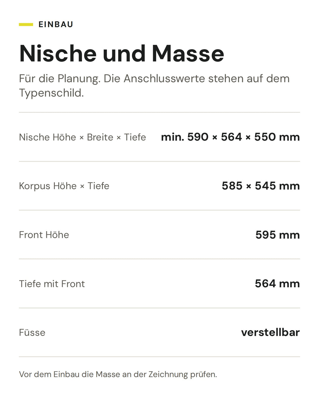 Nische und Masse ASKO Backofen OTP 86 BGH: Nische Höhe × Breite × Tiefe min. 590 × 564 × 550 mm, Korpus Höhe × Tiefe 585 × 545 mm, Front Höhe 595 mm, Tiefe mit Front 564 mm, Füsse verstellbar
