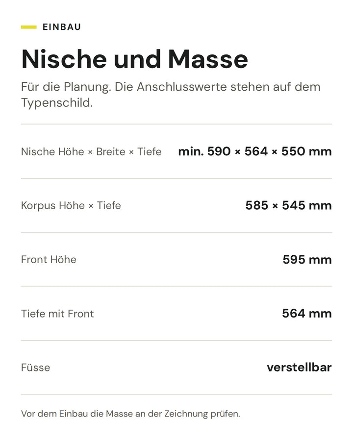 Nische und Masse ASKO Backofen OTP 86 BGH: Nische Höhe × Breite × Tiefe min. 590 × 564 × 550 mm, Korpus Höhe × Tiefe 585 × 545 mm, Front Höhe 595 mm, Tiefe mit Front 564 mm, Füsse verstellbar
