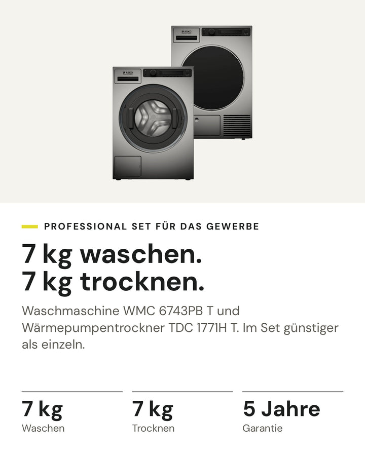 ASKO Professional Set auf einen Blick: Waschmaschine WMC 6743PB T mit 7 kg und Wärmepumpentrockner TDC 1771H T mit 7 kg, im Set günstiger als einzeln