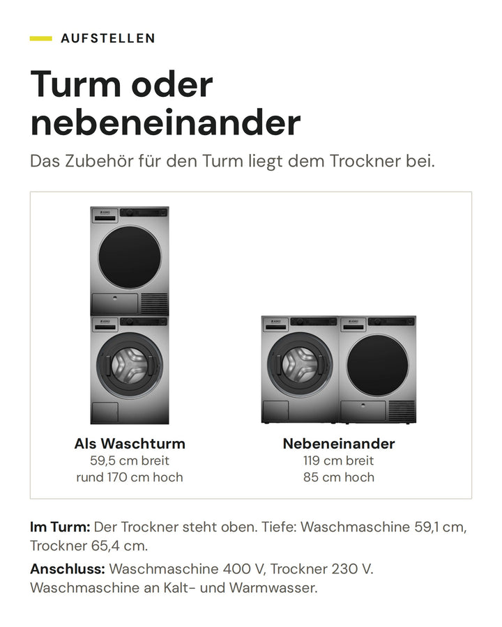 ASKO Professional Set WMC 6743PB T und TDC 1771H T als Waschturm (59,5 cm breit, rund 170 cm hoch) oder nebeneinander (119 cm breit, 85 cm hoch)