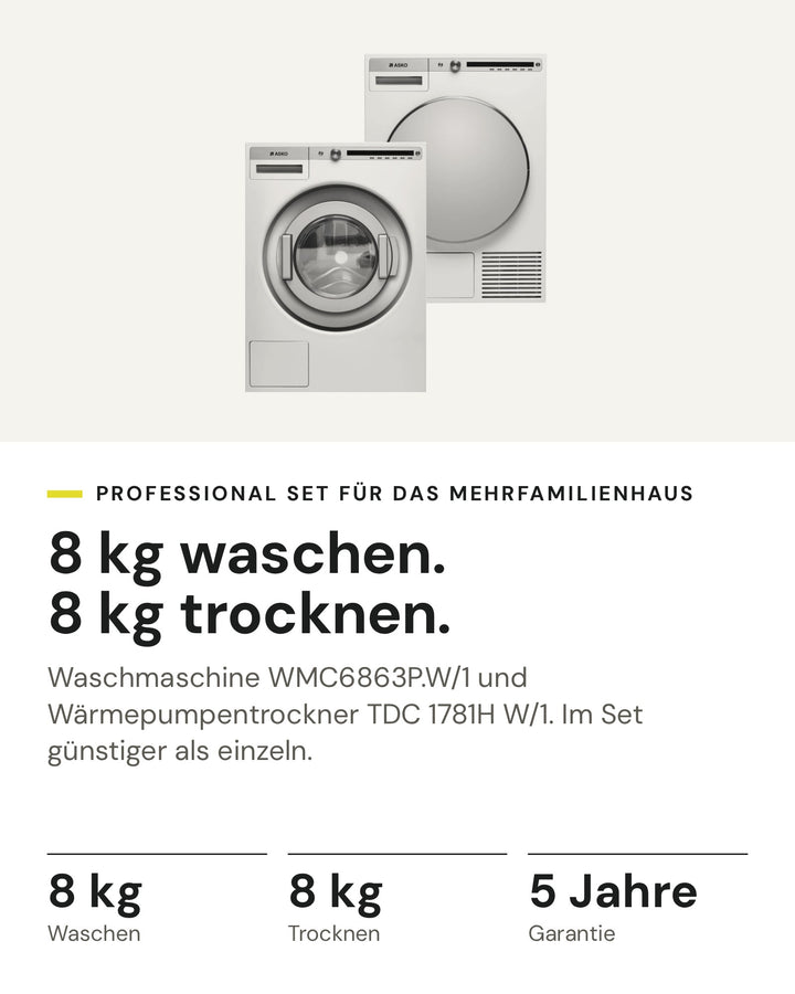 ASKO Professional Set auf einen Blick: Waschmaschine WMC6863P.W/1 mit 8 kg und Wärmepumpentrockner TDC 1781H W/1 mit 8 kg, im Set günstiger als einzeln