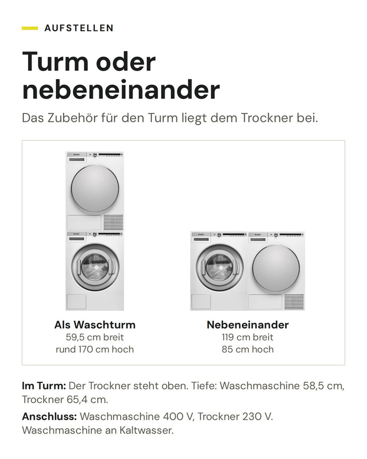 ASKO Professional Set WMC6863P.W/1 und TDC 1781H W/1 als Waschturm (59,5 cm breit, rund 170 cm hoch) oder nebeneinander (119 cm breit, 85 cm hoch)