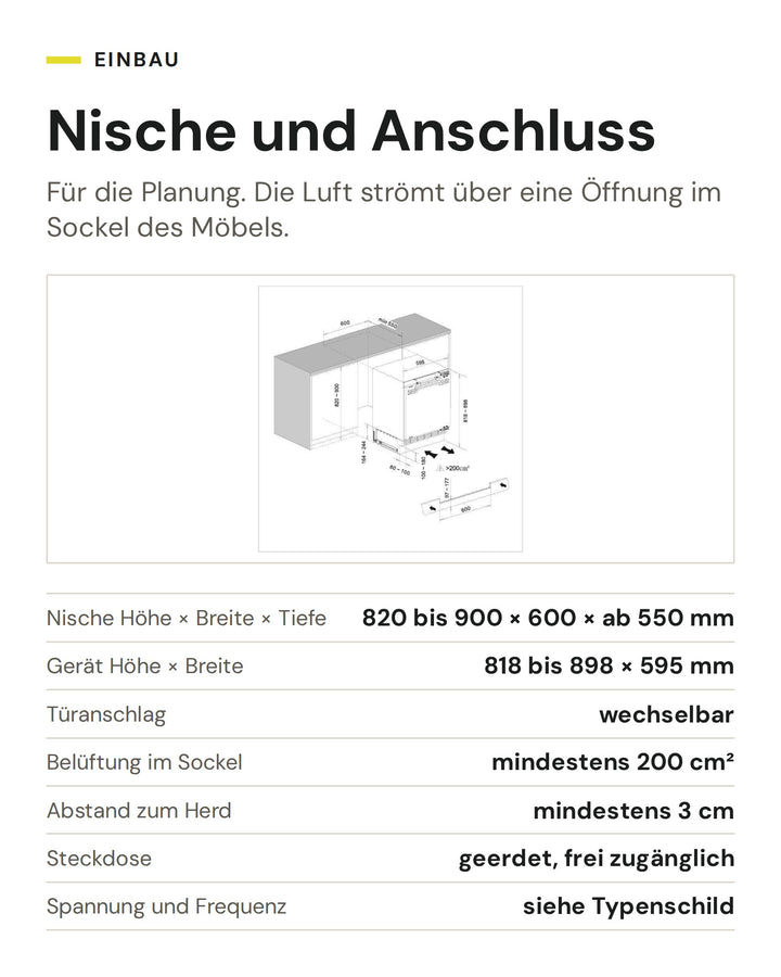Nische und Anschluss ASKO Kühlschrank R 22881 I: Nische Höhe × Breite × Tiefe 820 bis 900 × 600 × ab 550 mm, Gerät Höhe × Breite 818 bis 898 × 595 mm, Türanschlag wechselbar, Belüftung im Sockel mindestens 200 cm², Abstand zum Herd mindestens 3 cm, Steckdose geerdet, frei zugänglich, Spannung und Frequenz siehe Typenschild