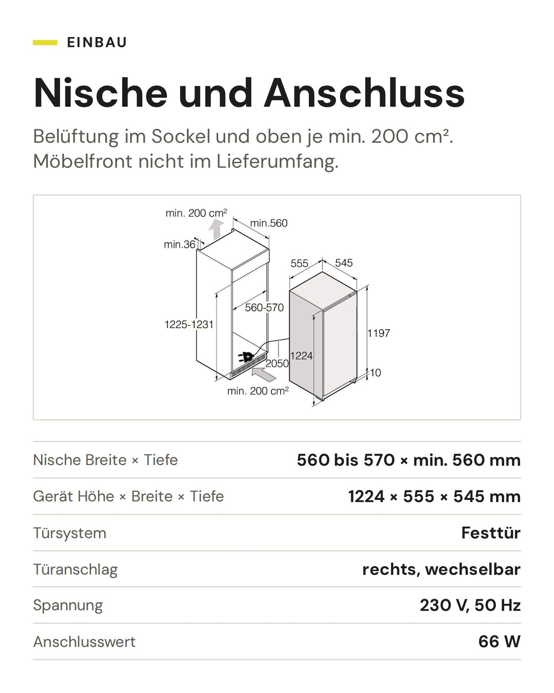 Nische und Anschluss ASKO Kühlschrank R 31231 I: Nische Breite × Tiefe 560 bis 570 × min. 560 mm, Gerät Höhe × Breite × Tiefe 1224 × 555 × 545 mm, Türsystem Festtür, Türanschlag rechts, wechselbar, Spannung 230 V, 50 Hz, Anschlusswert 66 W