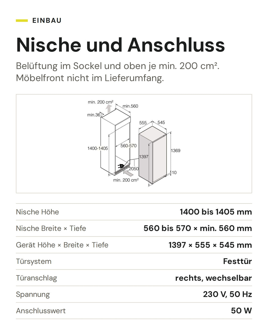 Nische und Anschluss ASKO Kühlschrank R 31442 I: Nische Höhe 1400 bis 1405 mm, Nische Breite × Tiefe 560 bis 570 × min. 560 mm, Gerät Höhe × Breite × Tiefe 1397 × 555 × 545 mm, Türsystem Festtür, Türanschlag rechts, wechselbar, Spannung 230 V, 50 Hz, Anschlusswert 50 W