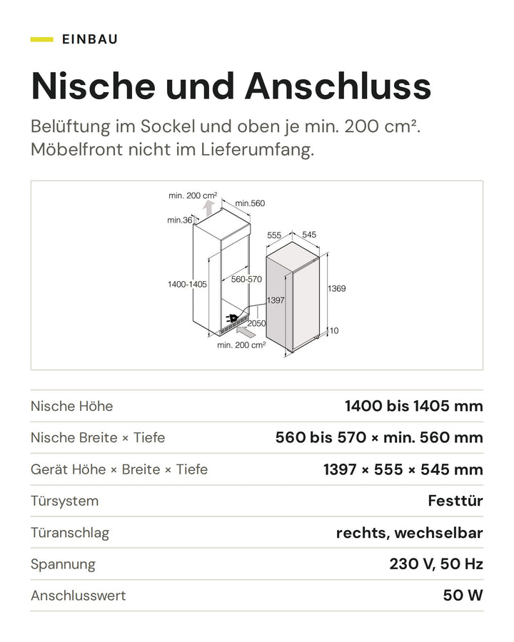 Nische und Anschluss ASKO Kühlschrank R 31442 I: Nische Höhe 1400 bis 1405 mm, Nische Breite × Tiefe 560 bis 570 × min. 560 mm, Gerät Höhe × Breite × Tiefe 1397 × 555 × 545 mm, Türsystem Festtür, Türanschlag rechts, wechselbar, Spannung 230 V, 50 Hz, Anschlusswert 50 W