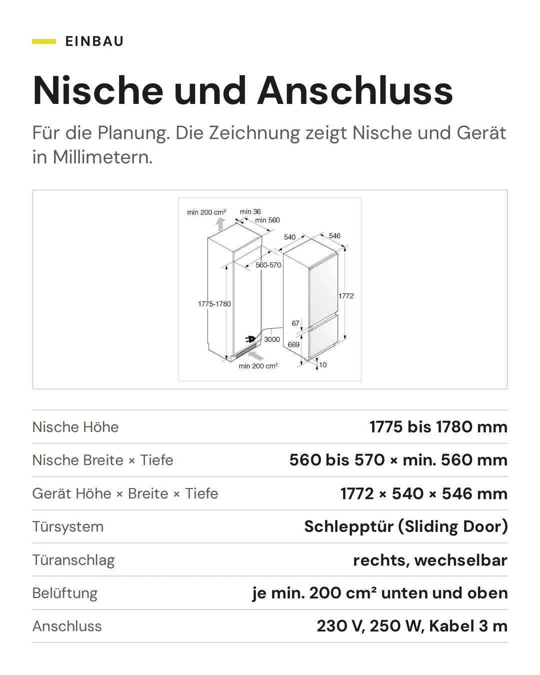 Nische und Anschluss ASKO Kühl-Gefrier-Kombination RBC 276 SND1: Nische Höhe 1775 bis 1780 mm, Nische Breite × Tiefe 560 bis 570 × min. 560 mm, Gerät Höhe × Breite × Tiefe 1772 × 540 × 546 mm, Türsystem Schlepptür (Sliding Door), Türanschlag rechts, wechselbar, Belüftung je min. 200 cm² unten und oben, Anschluss 230 V, 250 W, Kabel 3 m