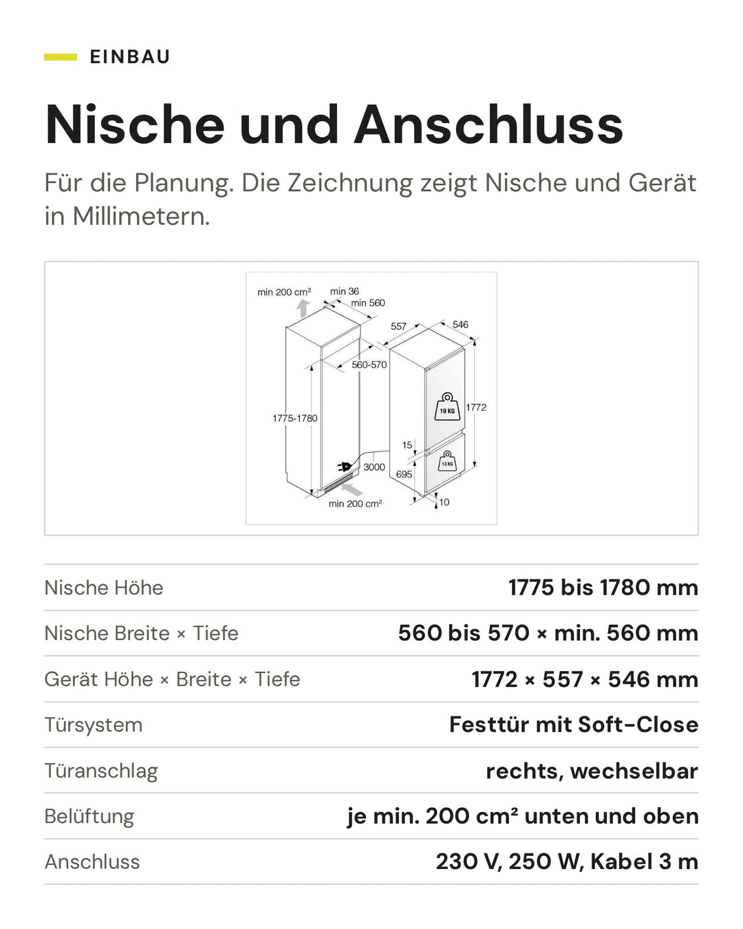 Nische und Anschluss ASKO Kühl-Gefrier-Kombination RBC 576 DNC1: Nische Höhe 1775 bis 1780 mm, Nische Breite × Tiefe 560 bis 570 × min. 560 mm, Gerät Höhe × Breite × Tiefe 1772 × 557 × 546 mm, Türsystem Festtür mit Soft-Close, Türanschlag rechts, wechselbar, Belüftung je min. 200 cm² unten und oben, Anschluss 230 V, 250 W, Kabel 3 m