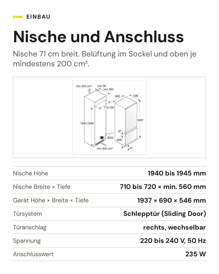 Nische und Anschluss ASKO Kühl-Gefrier-Kombination RBC 597 SND1: Nische Höhe 1940 bis 1945 mm, Nische Breite × Tiefe 710 bis 720 × min. 560 mm, Gerät Höhe × Breite × Tiefe 1937 × 690 × 546 mm, Türsystem Schlepptür (Sliding Door), Türanschlag rechts, wechselbar, Spannung 220 bis 240 V, 50 Hz, Anschlusswert 235 W