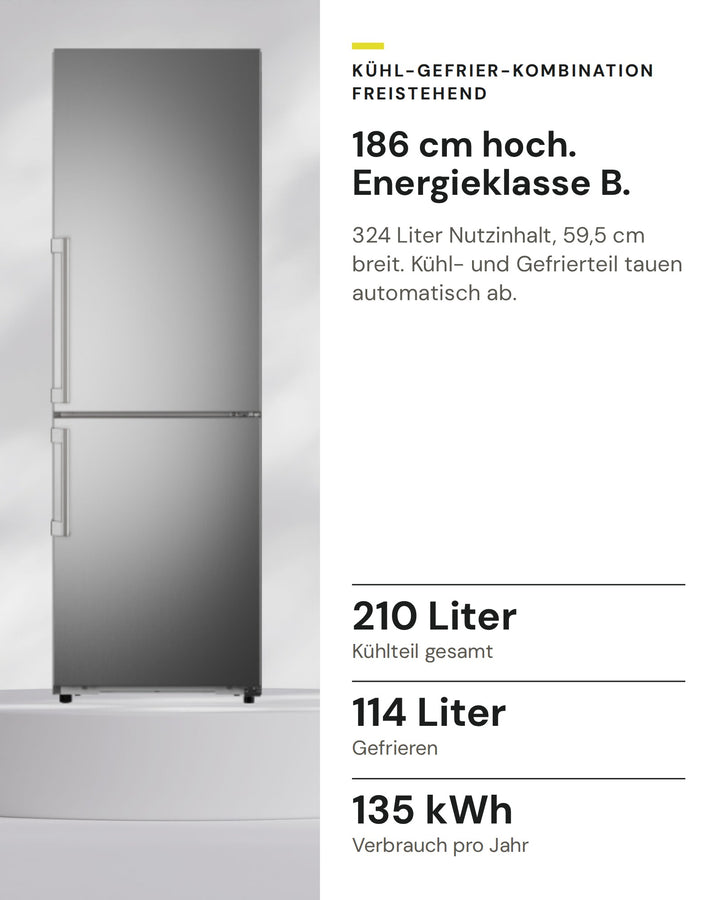 ASKO Kühl-Gefrier-Kombination RFC 286 KNBS1 auf einen Blick: Kühlteil gesamt 210 Liter, Gefrieren 114 Liter, Verbrauch pro Jahr 135 kWh
