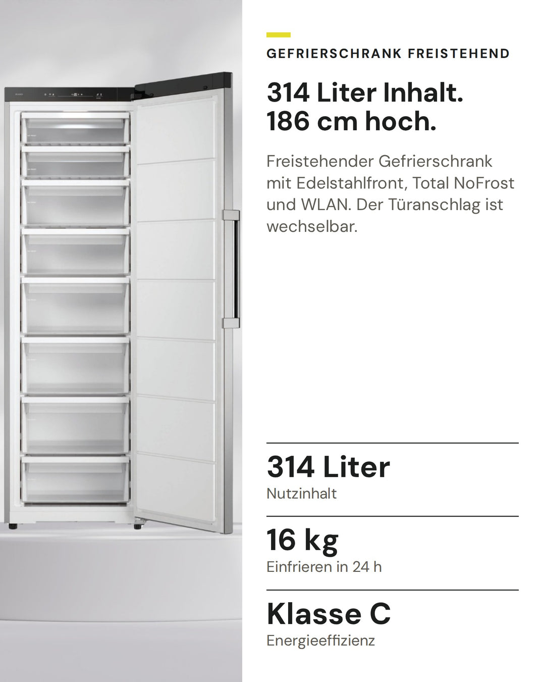 ASKO Gefrierschrank RFF 286 KNCS1 auf einen Blick: Nutzinhalt 314 Liter, Einfrieren in 24 h 16 kg, Energieeffizienz Klasse C