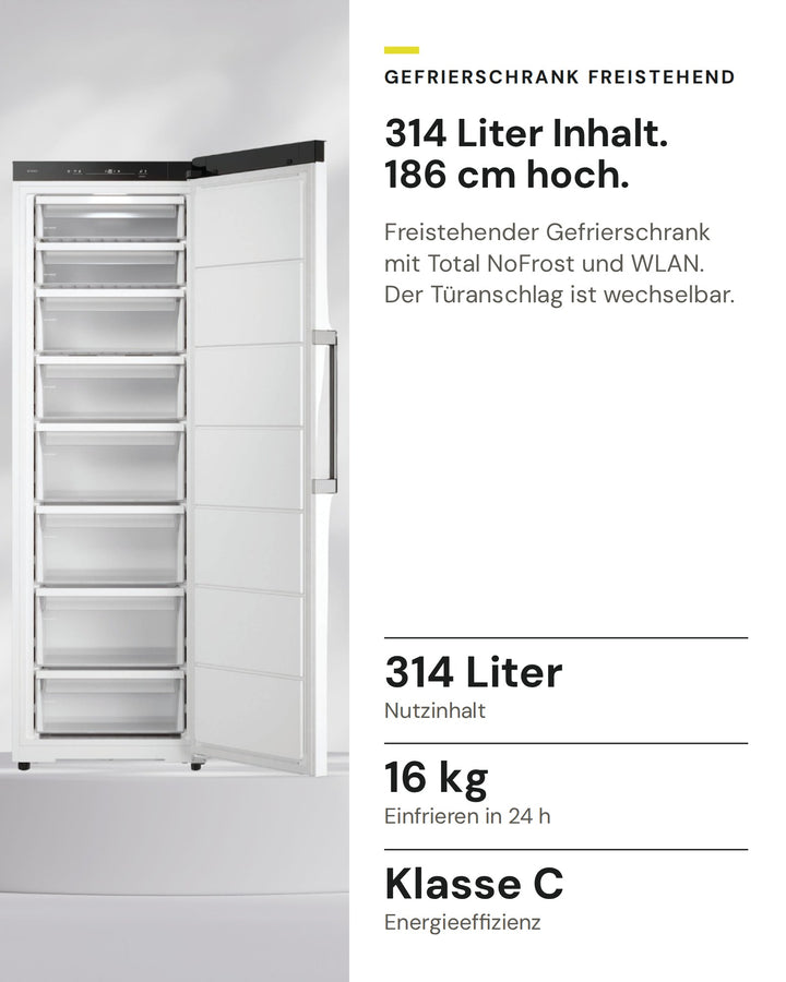 ASKO Gefrierschrank RFF 286 KNCW1 auf einen Blick: Nutzinhalt 314 Liter, Einfrieren in 24 h 16 kg, Energieeffizienz Klasse C