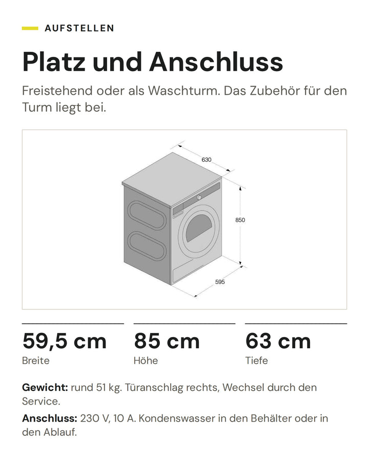 Masse des ASKO Wäschetrockners T 108HB W: 59,5 cm breit, 85 cm hoch, 63 cm tief, Anschluss 230 V, 10 A