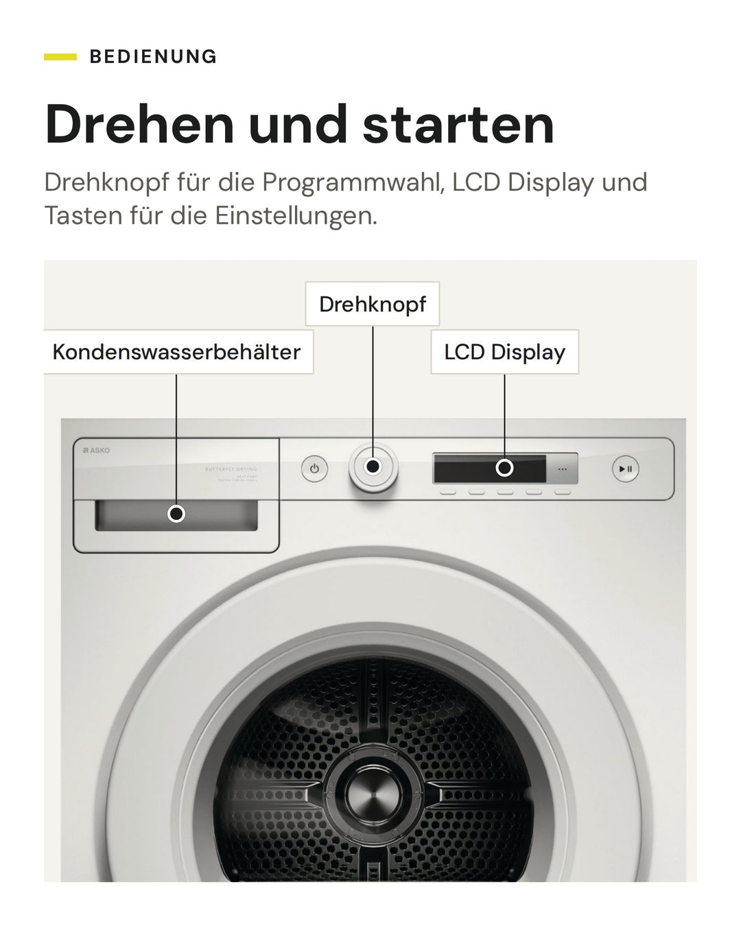 Bedienung des ASKO Wäschetrockners T 108HB W: LCD Display und Drehknopf, Kondenswasserbehälter oben links