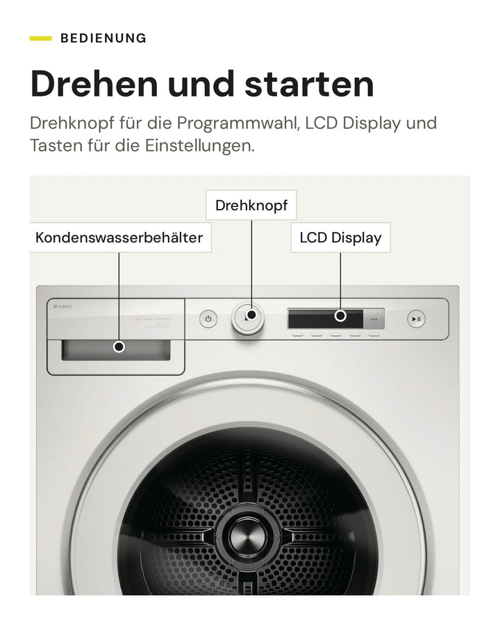 Bedienung des ASKO Wäschetrockners T 108HC W: LCD Display und Drehknopf, Kondenswasserbehälter oben links