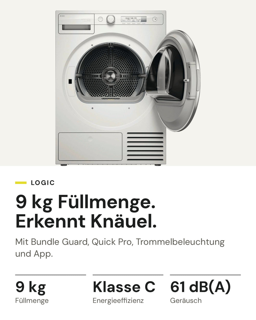 ASKO Wäschetrockner T 309HC W auf einen Blick: Wärmepumpe, 9 kg Füllmenge, Energieeffizienzklasse C, 61 dB(A)