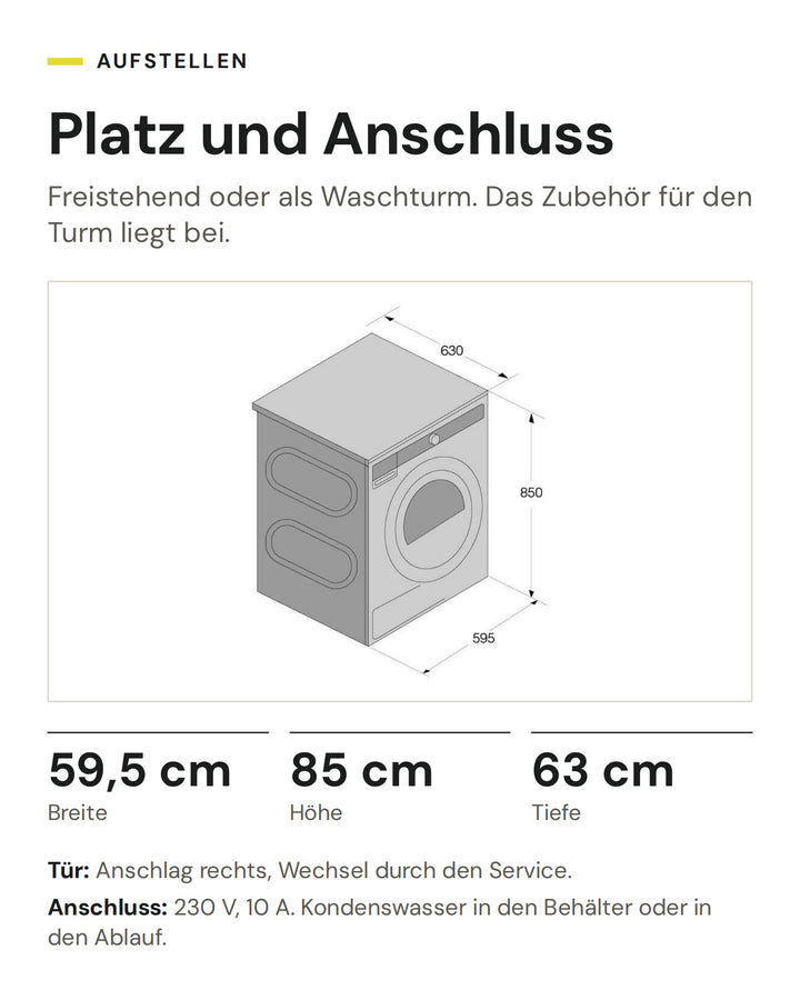 Masse des ASKO Wäschetrockners T 309HC W: 59,5 cm breit, 85 cm hoch, 63 cm tief, Anschluss 230 V, 10 A