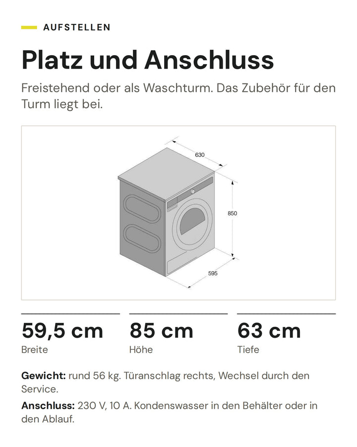 Masse des ASKO Wäschetrockners T 509HR G: 59,5 cm breit, 85 cm hoch, 63 cm tief, Anschluss 230 V, 10 A