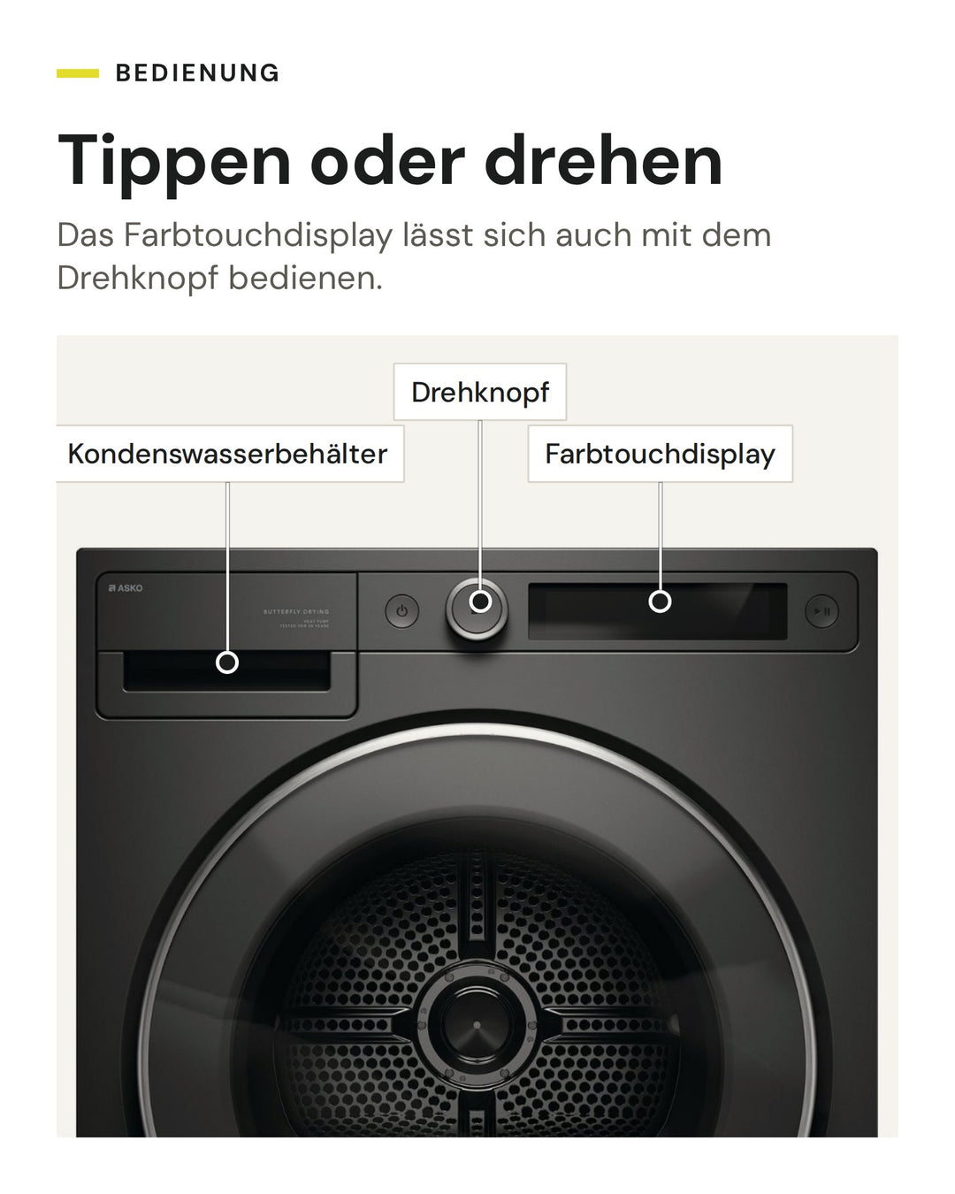 Bedienung des ASKO Wäschetrockners T 509HR G: Farbtouchdisplay und Drehknopf, Kondenswasserbehälter oben links