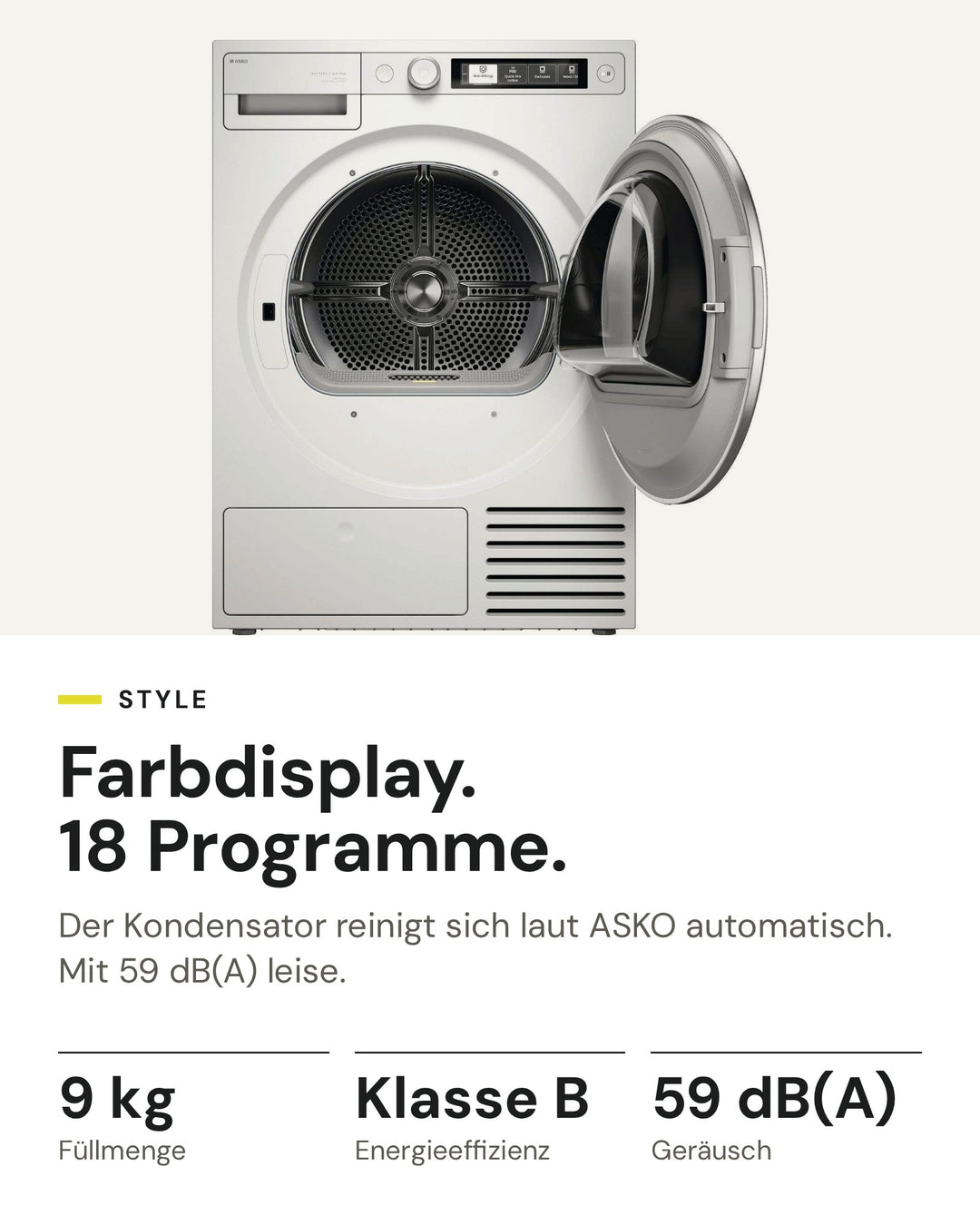 ASKO Wäschetrockner T 509HR W auf einen Blick: Wärmepumpe, 9 kg Füllmenge, Energieeffizienzklasse B, 59 dB(A)