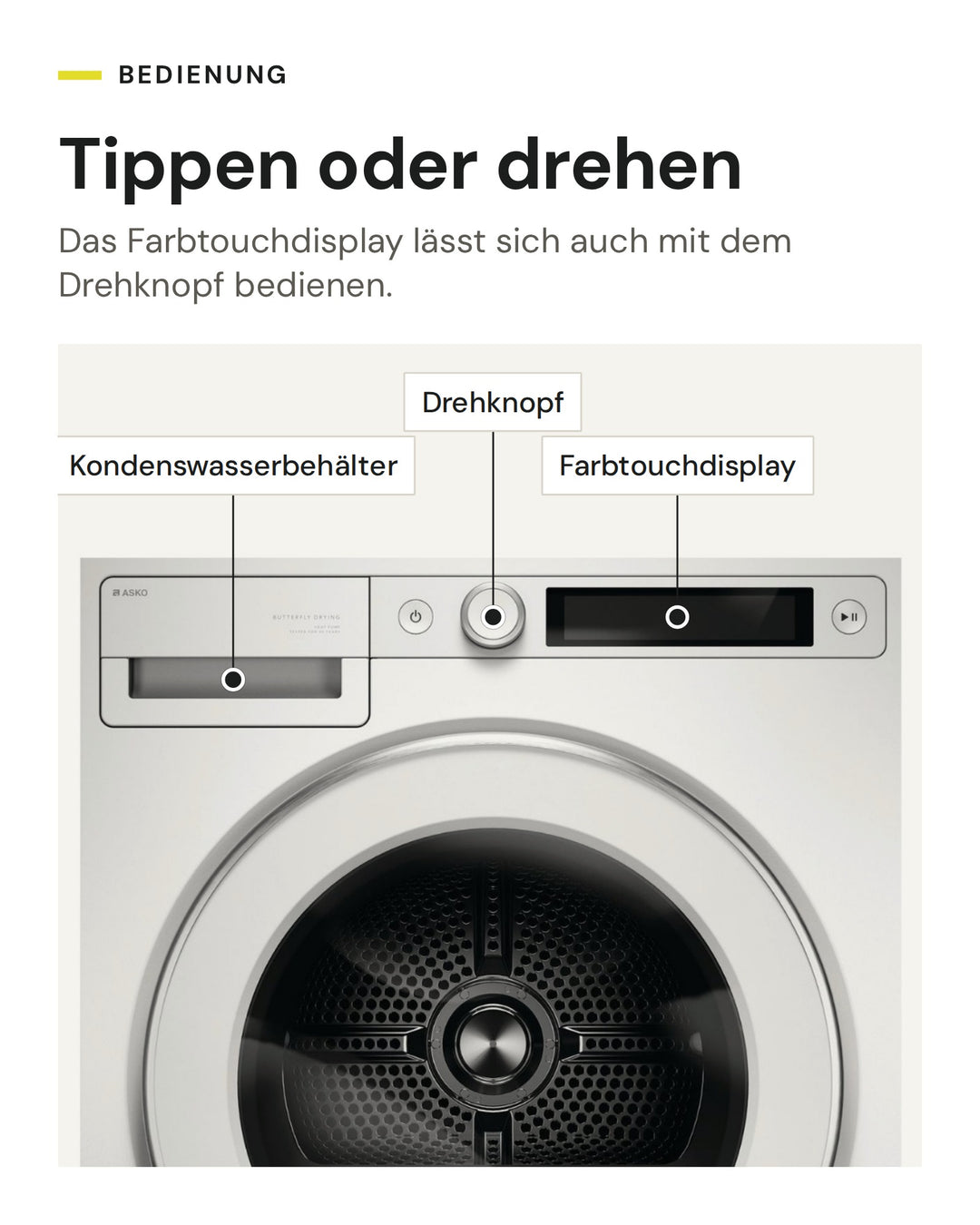 Bedienung des ASKO Wäschetrockners T 509HR W: Farbtouchdisplay und Drehknopf, Kondenswasserbehälter oben links