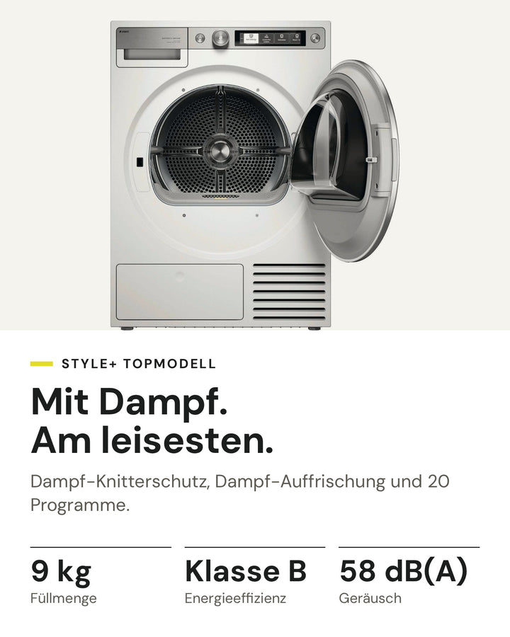 ASKO Wäschetrockner T 709HU W auf einen Blick: Wärmepumpe, 9 kg Füllmenge, Energieeffizienzklasse B, 58 dB(A)