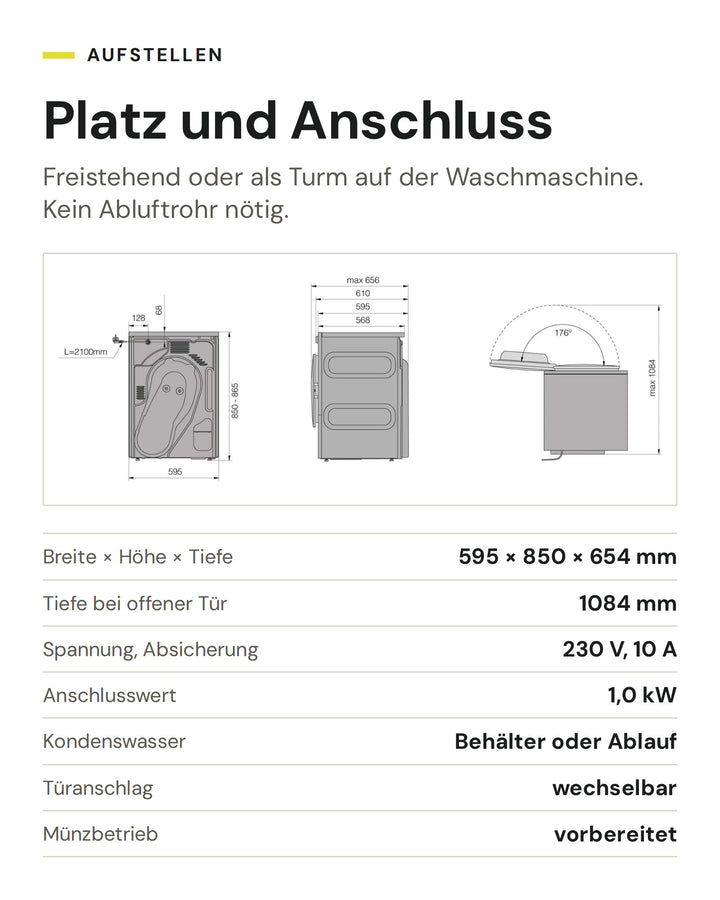 Platz und Anschluss der ASKO Wäschetrockner TDC 1771H T: Breite × Höhe × Tiefe 595 × 850 × 654 mm, Tiefe bei offener Tür 1084 mm, Spannung, Absicherung 230 V, 10 A, Anschlusswert 1,0 kW, Kondenswasser Behälter oder Ablauf, Türanschlag wechselbar, Münzbetrieb vorbereitet
