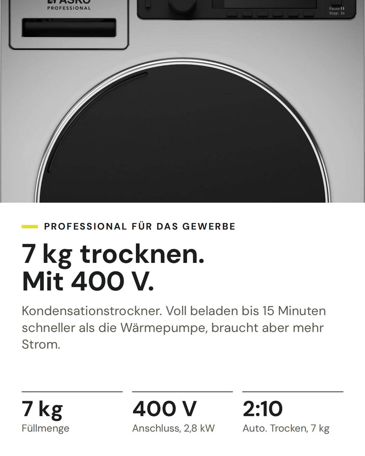 ASKO Professional Wäschetrockner TDC 1772CB T auf einen Blick: Füllmenge 7 kg, Anschluss, 2,8 kW 400 V, Auto. Trocken, 7 kg 2:10