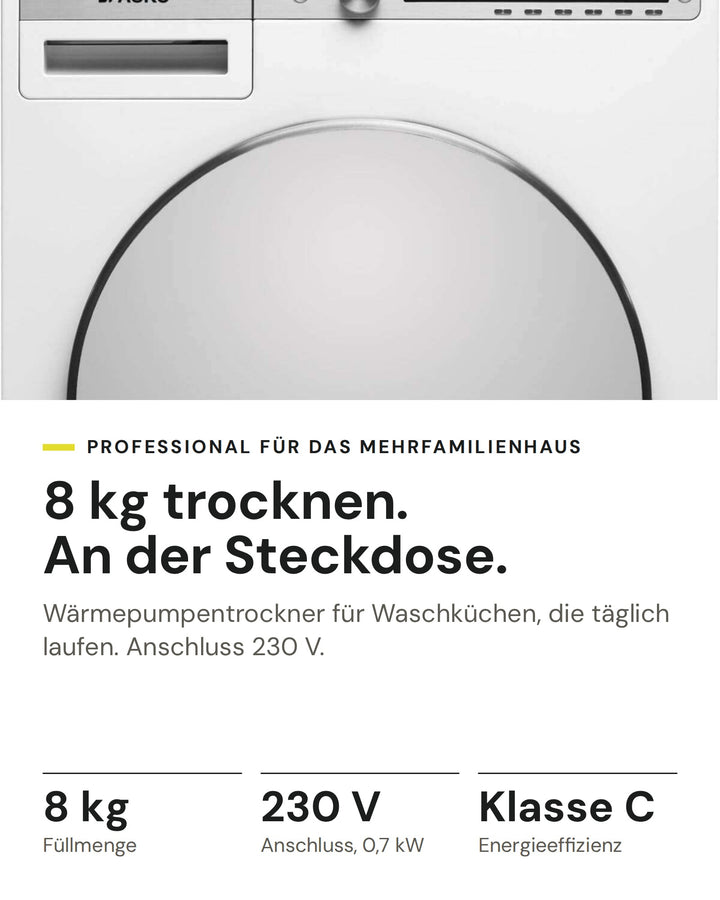 ASKO Professional Wäschetrockner TDC 1781H W/1 auf einen Blick: Füllmenge 8 kg, Anschluss, 0,7 kW 230 V, Energieeffizienz Klasse C