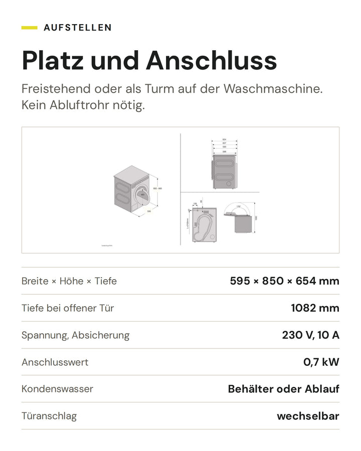 Platz und Anschluss der ASKO Wäschetrockner TDC 1781H W/1: Breite × Höhe × Tiefe 595 × 850 × 654 mm, Tiefe bei offener Tür 1082 mm, Spannung, Absicherung 230 V, 10 A, Anschlusswert 0,7 kW, Kondenswasser Behälter oder Ablauf, Türanschlag wechselbar