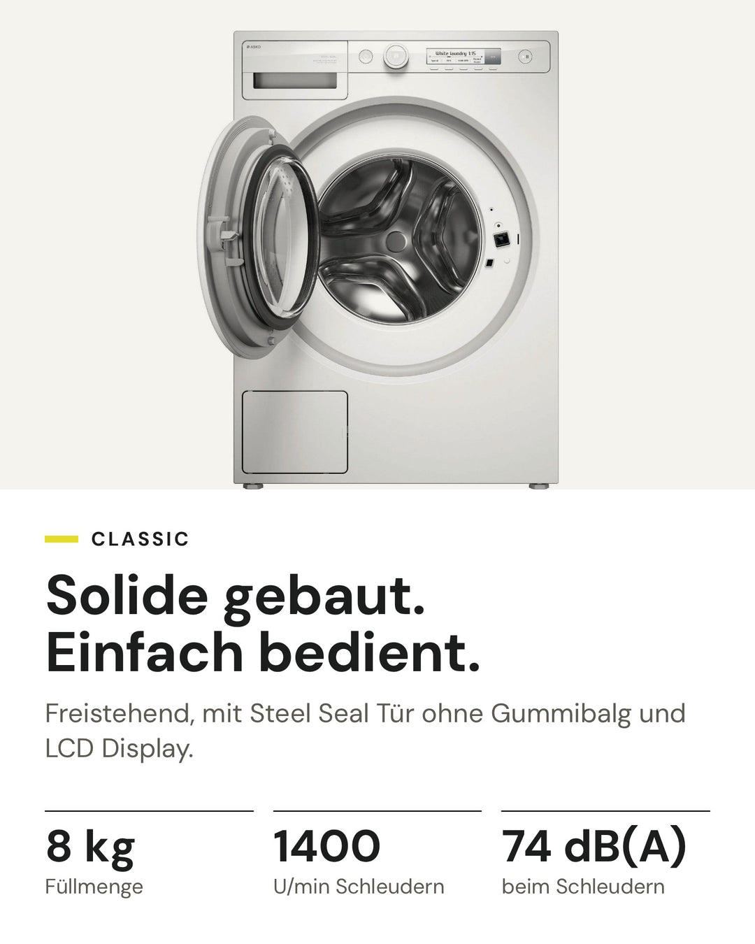ASKO Waschmaschine W 1084B W auf einen Blick: 8 kg Füllmenge, 1400 U/min, 74 dB(A) beim Schleudern
