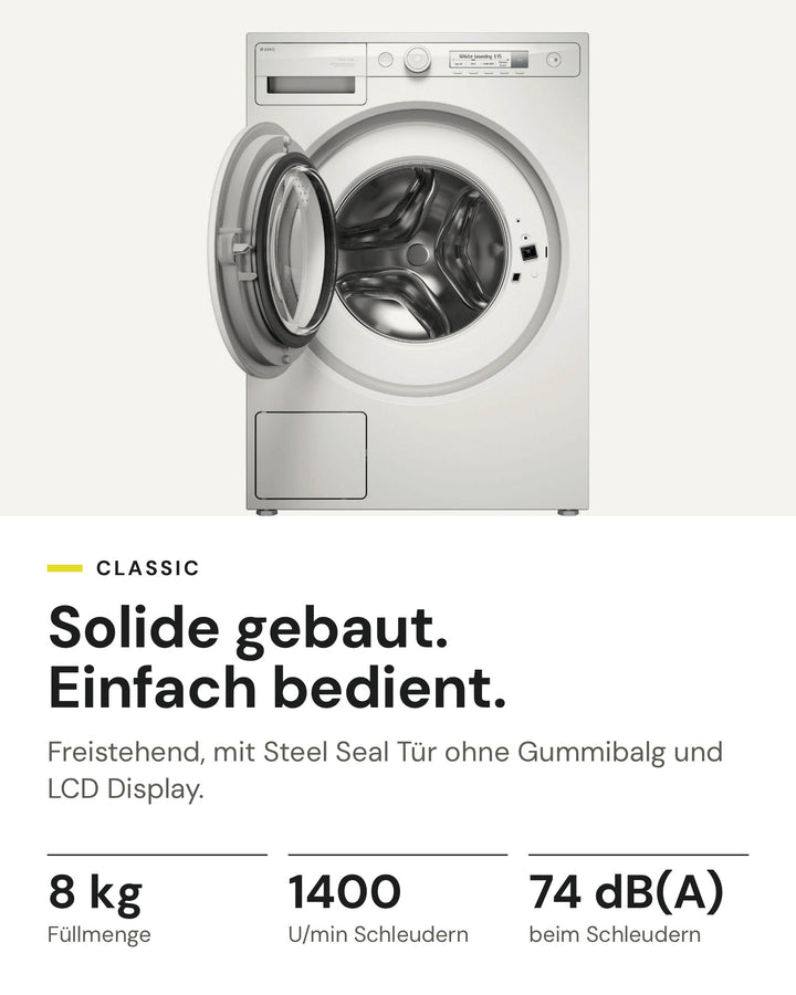 ASKO Waschmaschine W 1084B W auf einen Blick: 8 kg Füllmenge, 1400 U/min, 74 dB(A) beim Schleudern