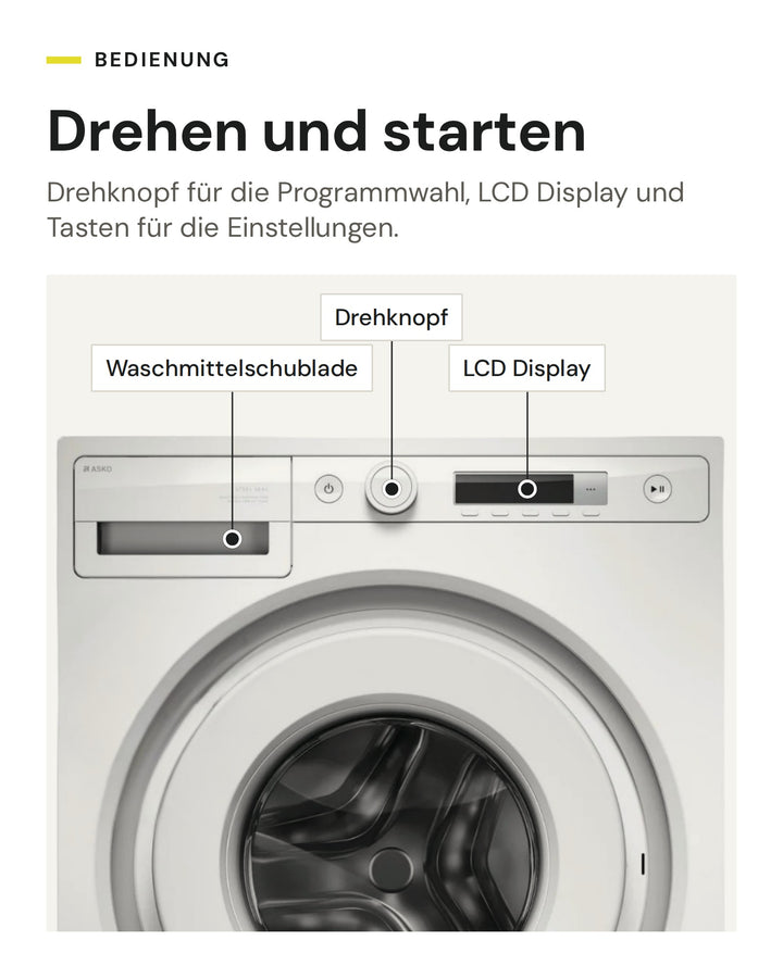 Bedienung der ASKO Waschmaschine W 1084B W: LCD Display und Drehknopf