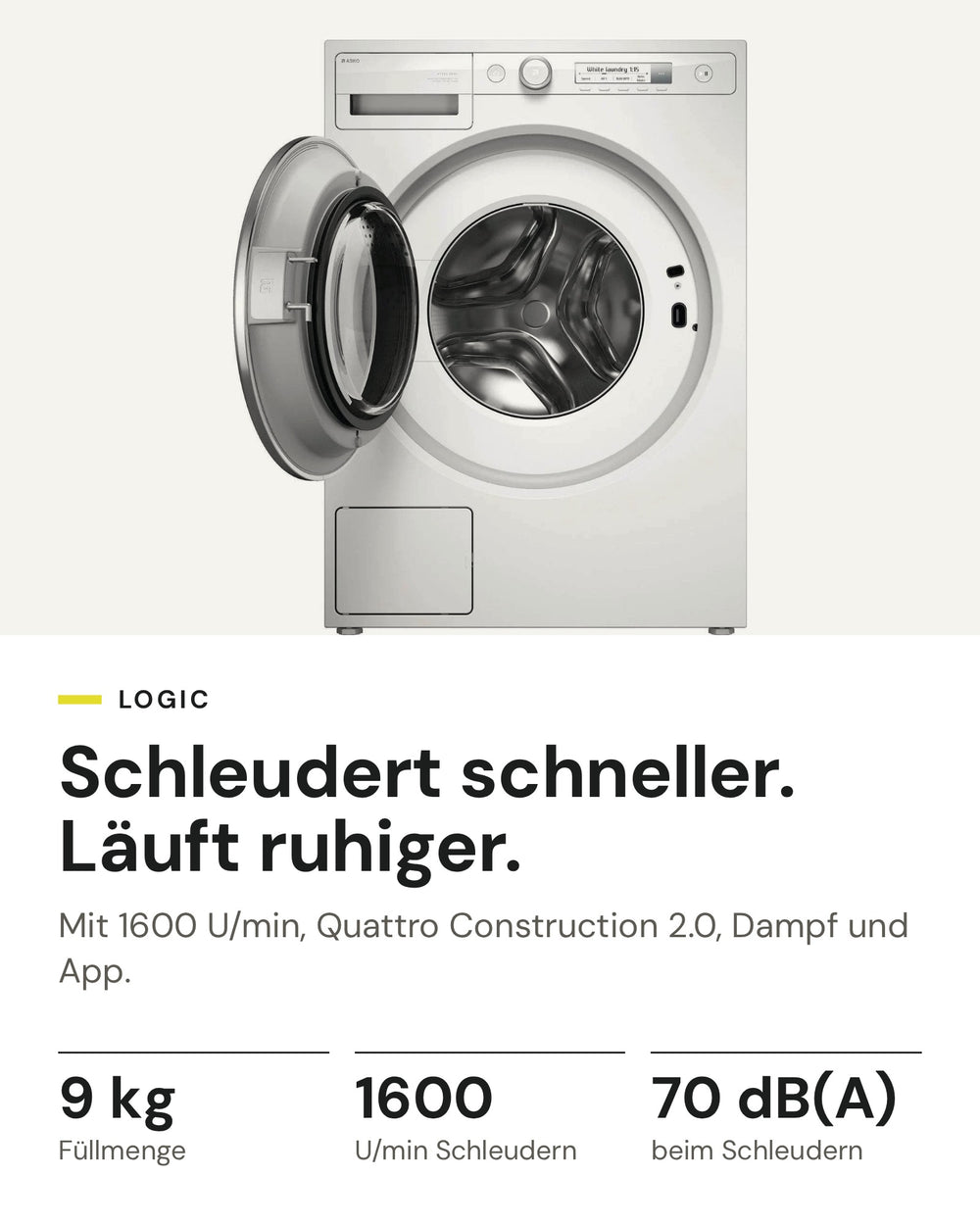 ASKO Waschmaschine W 3096C W auf einen Blick: 9 kg Füllmenge, 1600 U/min, 70 dB(A) beim Schleudern