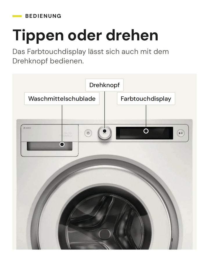 Bedienung der ASKO Waschmaschine W 5096C W: Farbtouchdisplay und Drehknopf