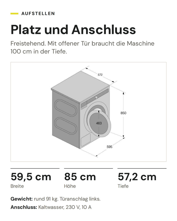 Masse der ASKO Waschmaschine W 5096R T: 59,5 cm breit, 85 cm hoch, 57,2 cm tief, Anschluss 230 V, 10 A