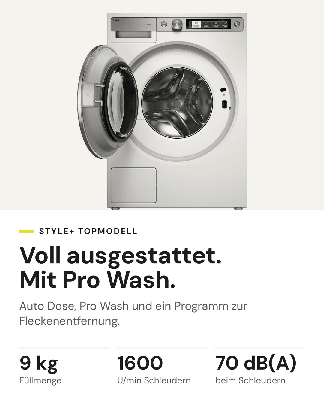 ASKO Waschmaschine W 7096X W auf einen Blick: 9 kg Füllmenge, 1600 U/min, 70 dB(A) beim Schleudern