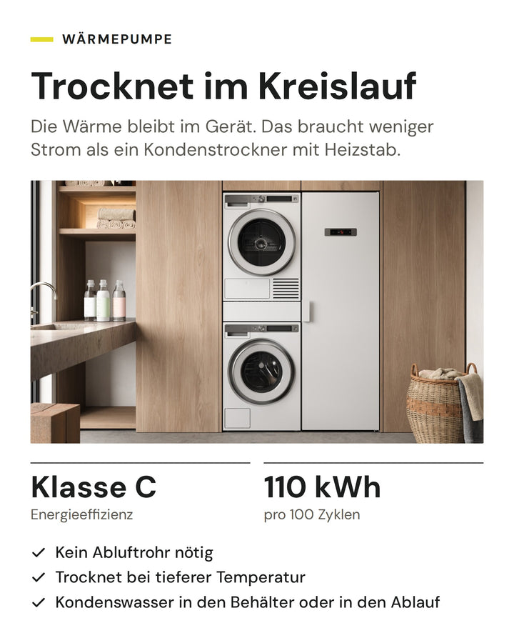ASKO Wärmepumpentrockner: Energieeffizienzklasse C, 110 kWh pro 100 Zyklen laut EU-Energielabel, kein Abluftrohr nötig