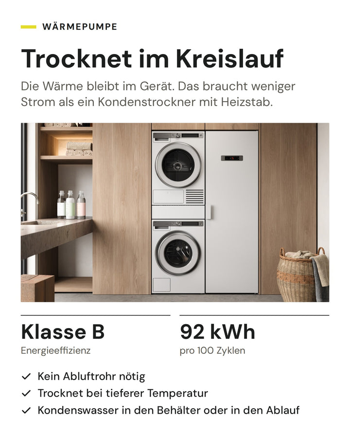 ASKO Wärmepumpentrockner: Energieeffizienzklasse B, 92 kWh pro 100 Zyklen laut EU-Energielabel, kein Abluftrohr nötig