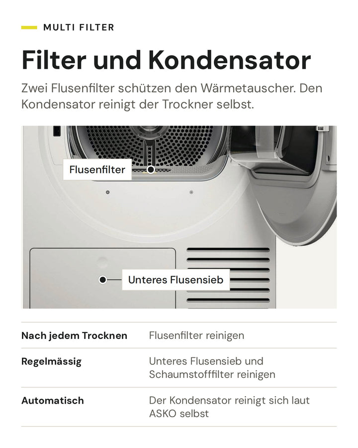 ASKO Wäschetrockner mit doppeltem Flusenfilter und automatischer Kondensatorreinigung