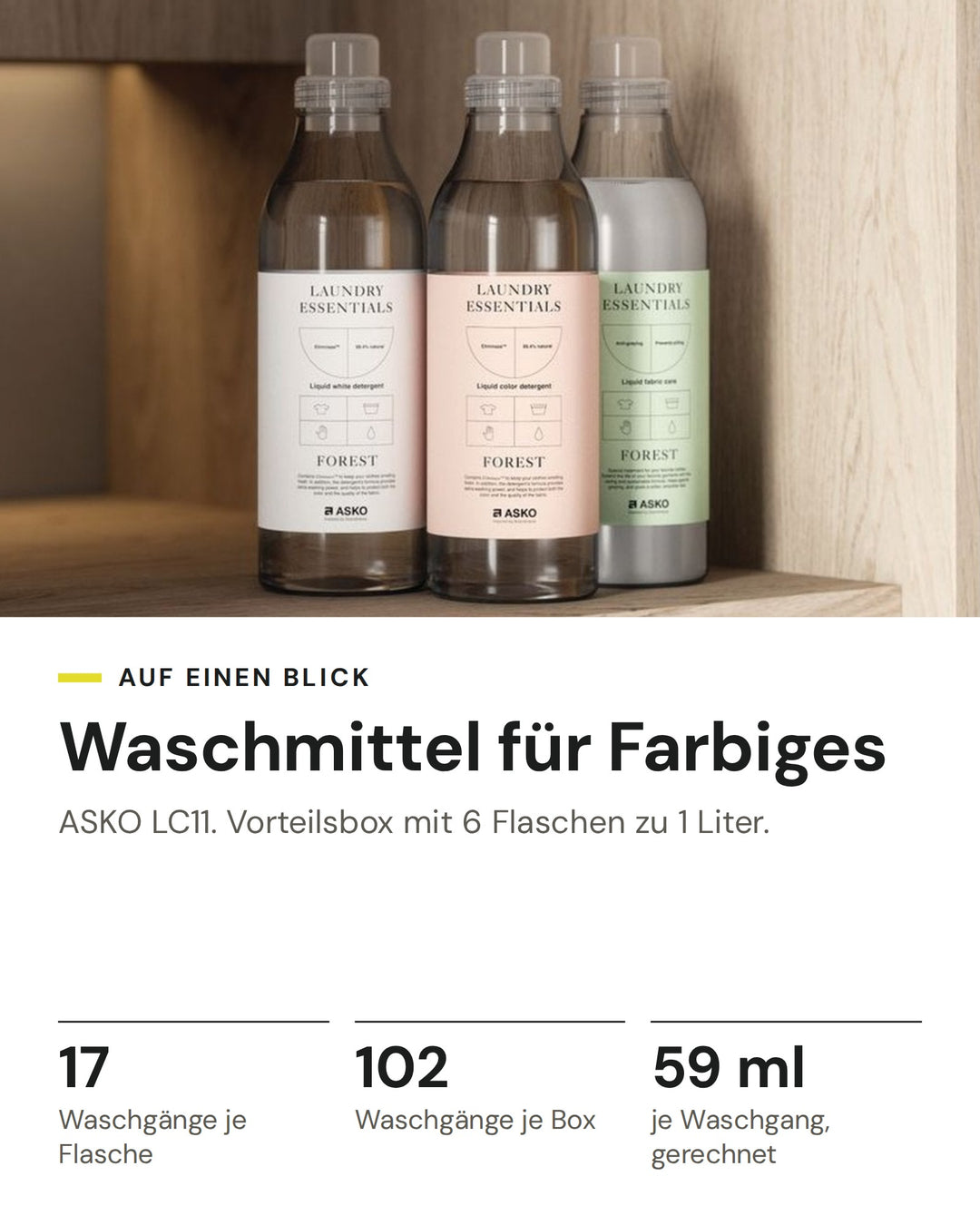 ASKO Waschmittel für Farbiges LC11: Flaschen Laundry Essentials über der Waschmaschine. 17 Waschgänge je Flasche, 102 je Box mit 6 Flaschen, rund 59 ml je Waschgang