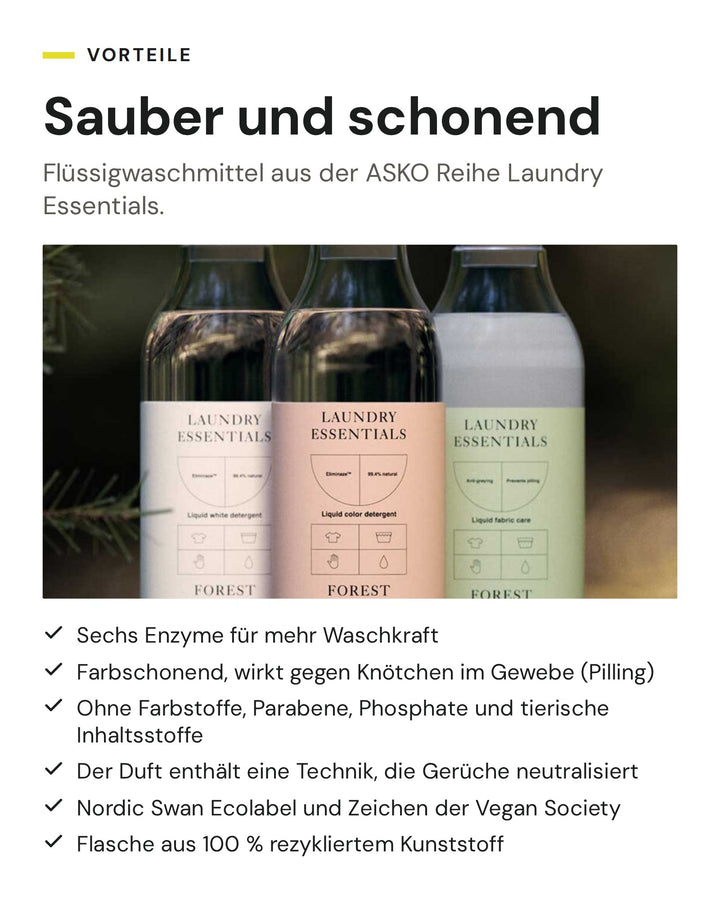 ASKO Laundry Essentials Flaschen im Wald. Vorteile Waschmittel für Farbiges LC11: sechs Enzyme, frei von Farbstoffen, Parabenen, Phosphaten und tierischen Inhaltsstoffen, Nordic Swan Ecolabel, vegan